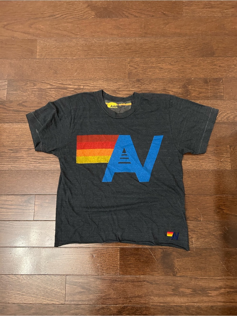 Aviator Nation Charcoal Tee with Red-Orange-Yellow Stripe and Blue AV Logo - Picture 3 of 4